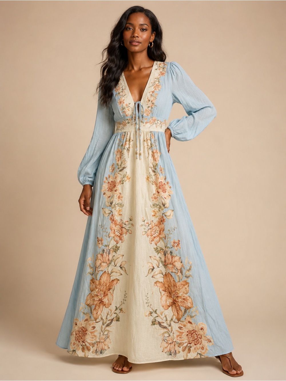 House of Harlow 1960 Light Blue and Cream Floral Tie-Front Maxi Dress